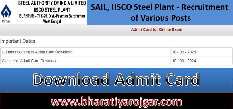 SAIL Steel Plant IISCO ACTT Download Admit Card 2024, Exam Date