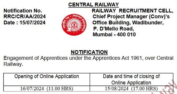 RRC CR Central Railway Apprentice Online Form 2024